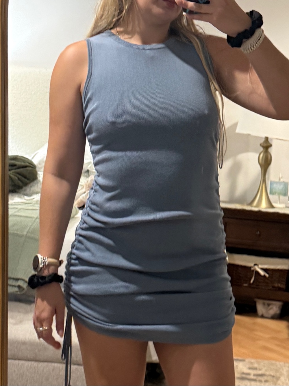 Lioness Dusty Blue Sleeveless Ruched Side Bodycon Mini Dress🦋
